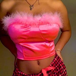 Neon pink feather trim strapless cropped tube top